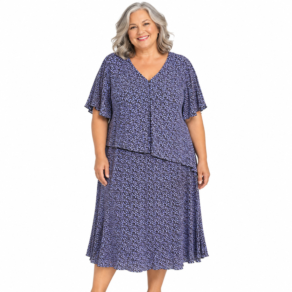 Connected Womens Violet Blue Floral Crinkle Fabric V-Neck Midi Dress sz 26W